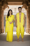 Self Check Yellow Couple Set with Silver and Golden Zari Border