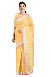 Yuma Yellow Saree with Magenta Checks and Pink and Silver Zari Border