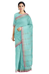 Cyan Mercerised Saree with Golden Zari and Magenta Border