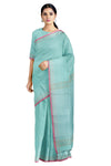 Aqua Blue Saree with Silver Zari Checks and Pink Border