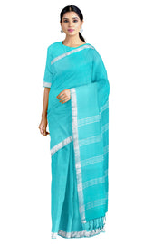 Cyan Saree with Silver Zari Border