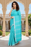 Cyan Saree with Silver Zari Border
