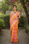 Yellow, White, Pink and Orange Check Saree with Silver Zari Border
