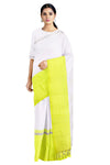 White Mercerised Cotton Saree with Green and Silver Zari Border