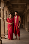 Red Window Check Couple Set with Golden Zari Border