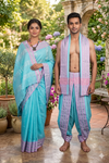 Blue Couple Set with Pink and Silver Zari Border