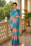 Blue, Pastel Red and Green Check Saree with White Border