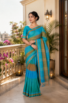 Green, Blue and Golden Brown Check Saree with White Border