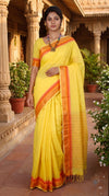 Yellow Saree with Golden Zari, Magenta, Red and Orange Border