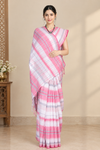 White, Red, Pink and Grey Striped Saree with Silver Zari Border