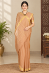 Almond Brown Check Saree with Golden Zari Border