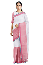 Carnation Pink and White Saree with Blue, Silver Zari and Pink Border and Butis