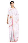 White Saree with Magenta Check and buti, Megenta, Goldan Zari Border
