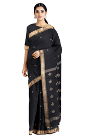 Black Saree with Silver Butis and Goldan Zari Border