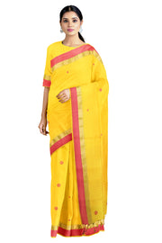 Lemon Yellow Saree with Butis and Goldan Zari, Red Border