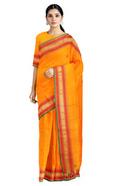 Orange Saree with Butis and Green, Goldan Zari Border Border