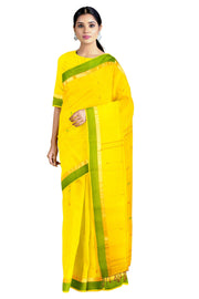 Yellow Saree with Orange, Green and Golden Zari Border and Butis