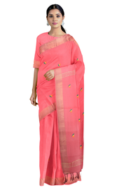 Carrot Pink Saree with Butis and Goldan Zari Border