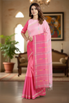 Pink and Magenta Saree with Golden Zari Border and Red, Green and Yellow Lined Butis