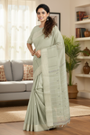 Green Saree with Silver and Golden Zari Border and Blue and White Butis