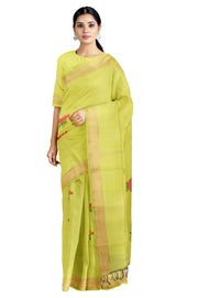 Green Saree with Golden Zari Border and Magenta Butis