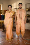 Peach Couple Set with White, Golden Zari and Yellow Border and Lined Butis
