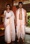White Couple Set with Golden Zari and Orange Border and Butis