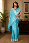 Blue Saree with Silver Zari Border and Butis
