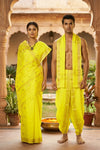 Yellow and White Check Couple Set with Green, Orange, Brown and Golden Zari Border and Butis