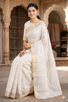 White Saree with Butis and Lining Goldan Zari Border