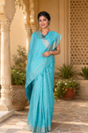 Blue Saree with Golden Zari Border and Butis