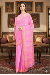 Pink Saree with Golden Zari Border and Magenta and White Butis