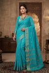 Cyan Saree with Golden Zari Border and Butis