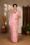 Peach Saree with Golden Zari Border, Linings and Multi Colour Butis