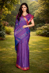 Purple Saree with Red and Golden Zari Border, Linings and White Butis
