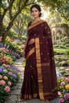 Chocolate Cosmos Maroon Saree with Silver and Golden Zari Border and Butis
