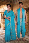 Blue Couple Set with Golden Zari Border and Butis