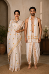Misty Rose Couple Set with Golden Zari Border and Multi Colour Butis