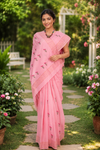 Pink Saree with Golden Zari Border and Green and Magenta Butis