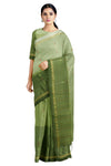 Pistachio, Bud and Fern Green Striped Saree with Golden Zari Border and Red, Yellow and White Lined Butis