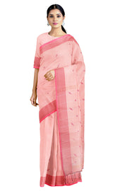 Peach Saree with Silver Zari, Red and Magenta Border and Butis