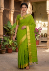 Green Saree with Golden Zari Border and Red and Yellow Butis