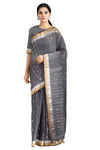 Grey Saree with Black, Golden and Silver Zari Border and Lined Butis