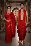 Red Couple Set with Golden Zari Border and Yellow and Pink Butis