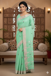 Green Saree with Golden Zari Border and Magenta Butis