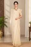 Light Peach Yellow Saree with Golden Zari Border and Yellow and Orange Butis