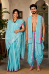 Blue Couple Set with Silver Zari and Magenta Border, Linings and Butis