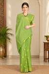Green Saree with Golden Zari Border and Yellow Butis