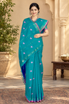 Blue Saree with Golden Zari and Magenta Border and Butis