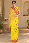 Yellow Saree with Golden Zari, Magenta and Dark Green Border and Butis